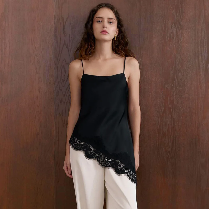 

Linad Sexy Black Satin Lace Camisole Elegant Spaghetti Strap Tops For Woman Street Chic Backless Asymmetrical Vests Female 2025