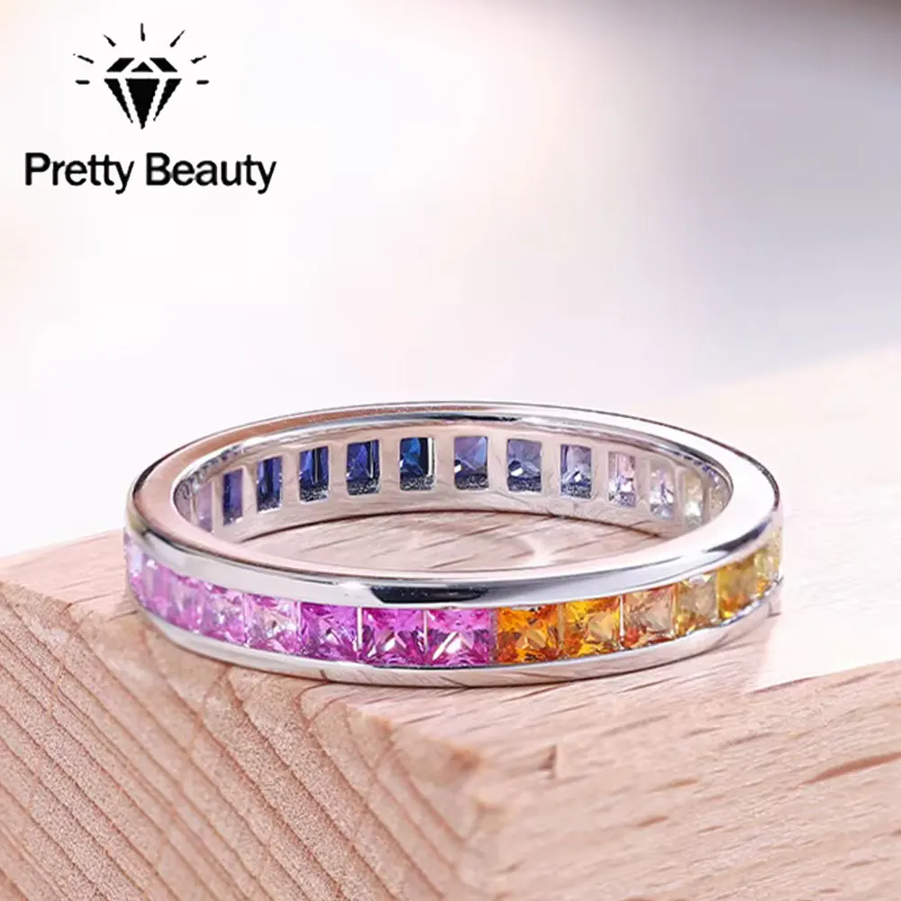 Pretty Beauty Lab Grown Sapphire Rainbow Eternity Band Ring for Women 925 Silver Multicolor Gemstone Channel Set Wedding Band