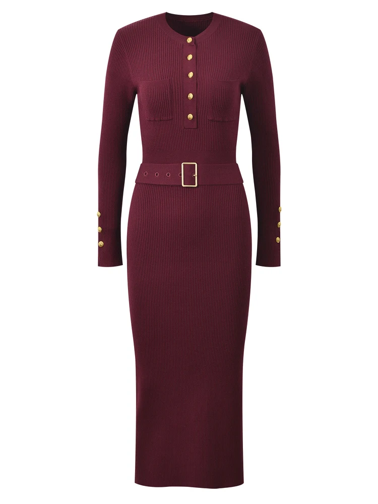 

Ele Knitted Wrap Dr with Belt High Waist Slimming Mid-Length Split Parisian Luxury Gold Bule High-End Version