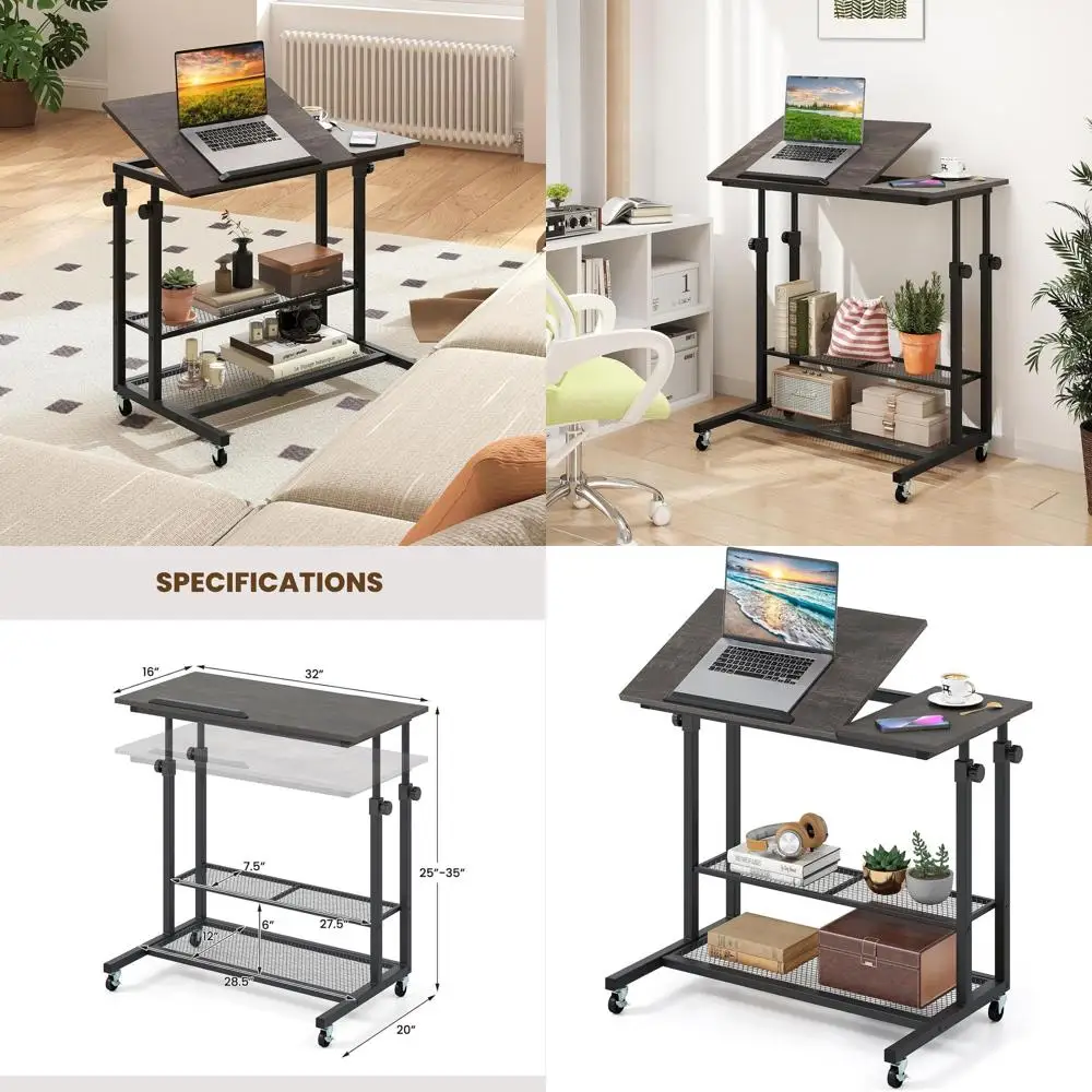 

Adjustable Rolling Standing Desk with Winged Top and Storage, Compact Computer Table for Small Spaces, Suitable for Home Office