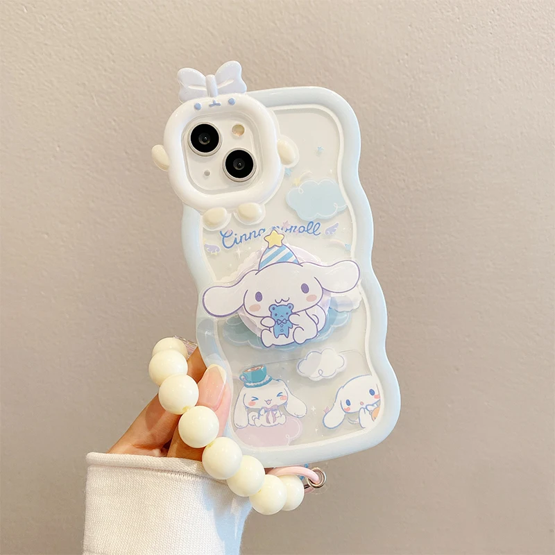 Sanrio Phone Case Kawaii Cartoon Cute Cinnamoroll iPhone 14 13 12 11Pro Max Protective Shell with Stand Bracelets Girls Gifts