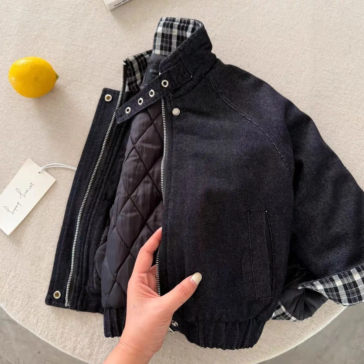 Boys Quilted Denim Jacket Stand Collar Motorcycle Style Autumn Winter Warm Outerwear
