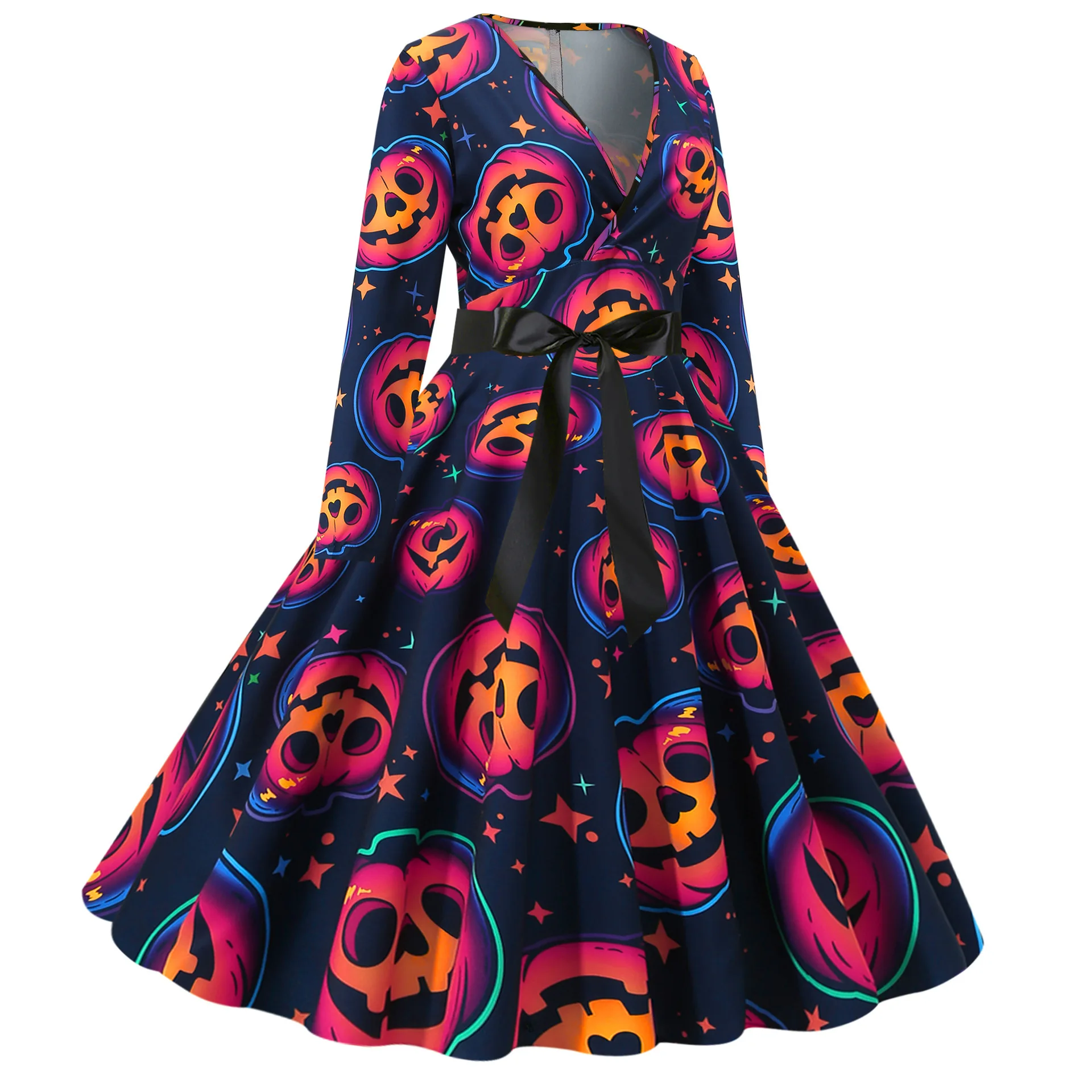 Phantasy Halloween Dress Women Carnaval Party Dresses Female Long Sleeve V Neck Vintage Gothic Dress Pumpkin Pattern Dresses