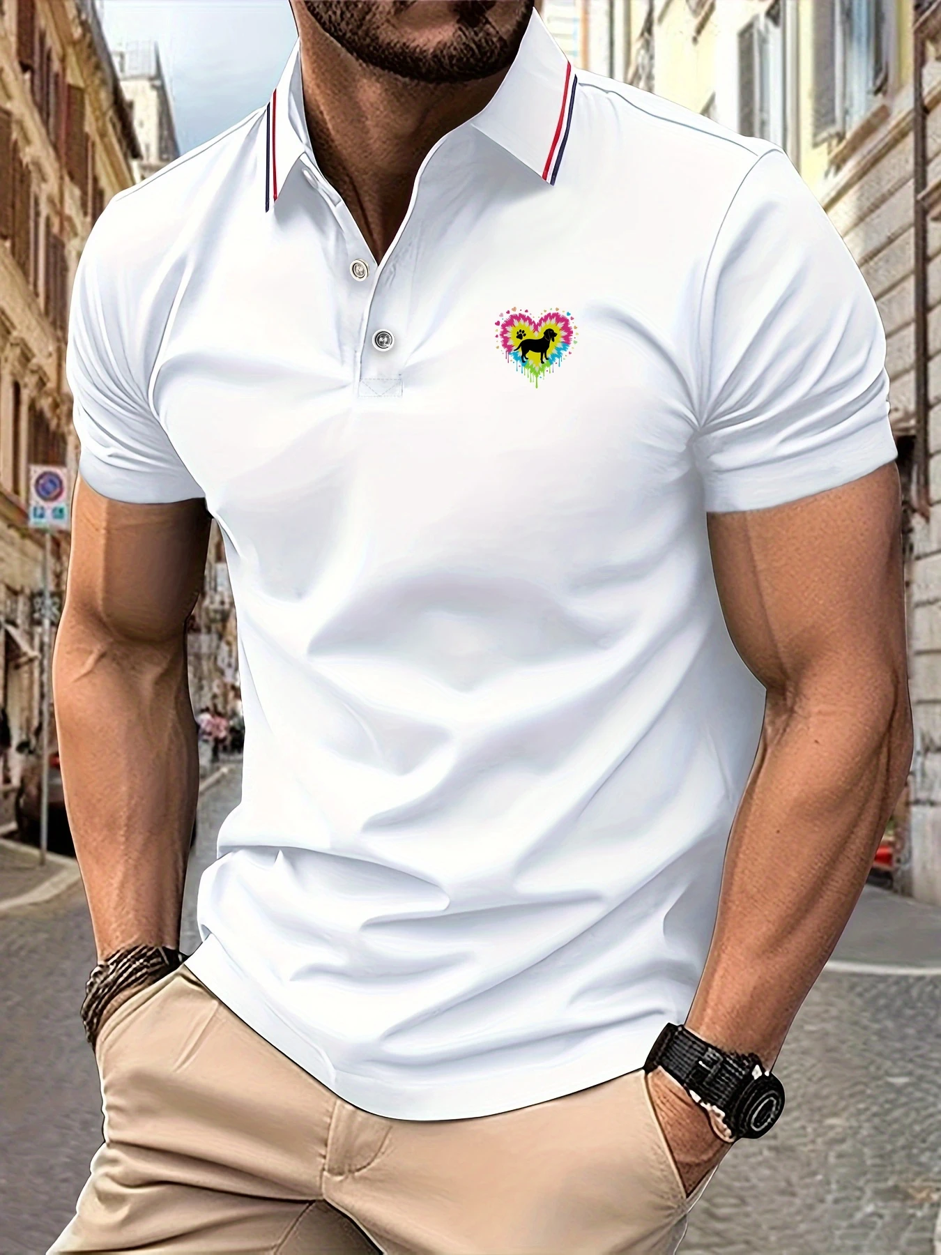 

2025 New Polo Shirt Men Summer Love Dog Print Striped Collar Short Sleeve Comfortable Breathable Casual Daily Tee