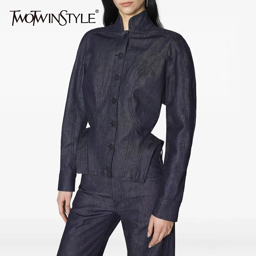 

TWOTWINSTYLE Solid Spliced Single Breasted Jacket Female Stand Collar Long Sleeve Slimming Streetwear Women's Jackets Fashion
