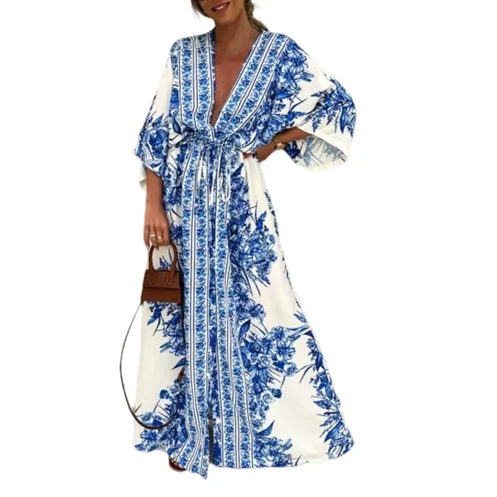 Classic Summer Beach Boho Retro Print Dress Soft Fabric Maxi Dress Summer Boho Print 3/4 Sleeve Midi Dress Streetwear