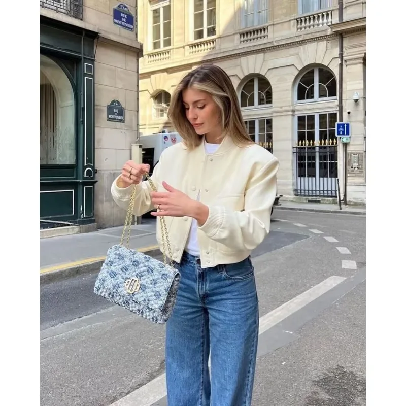 Women Cropped Baseball Jacket Stand Collar Button Down Cargo Pocket Casual Bomber Coat