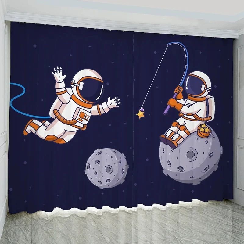 Nordic Ins Style Cartoon Comics High Shading Curtain Space Astronaut Trend Creative Boy Children's Room Simple Curtains 2Pcs