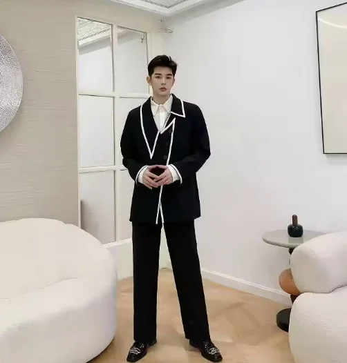 

Men's Jacket 2024 Contrast Color Long Sleeve Casual Korea Fashion Male Blazer