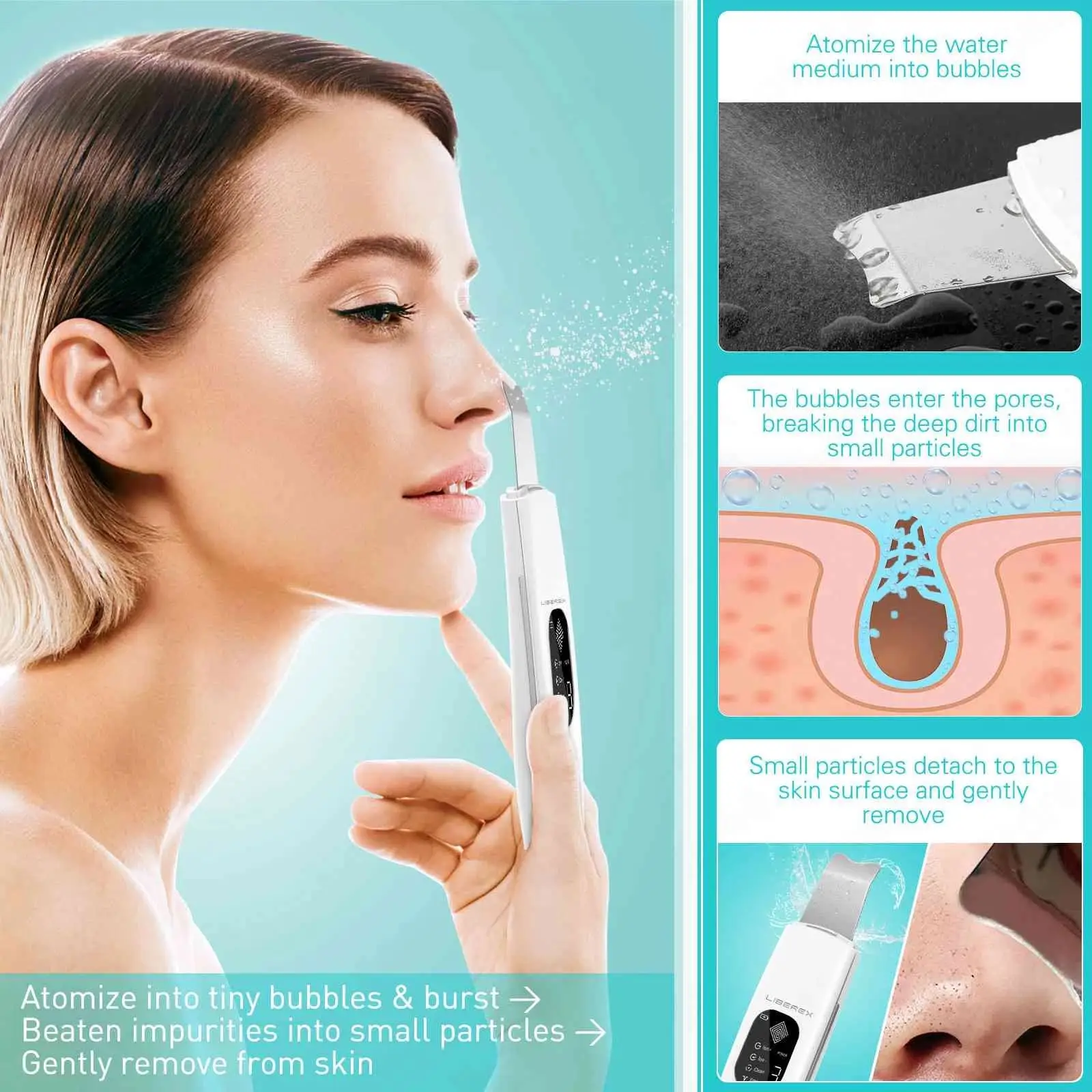 Ultrasonic Skin Scrubber, Espátula Rosto, Limpeza Profunda, Ion Face Lift, Removedor de cravo Acne, Máquina de descascar a pá, USB Recarregável