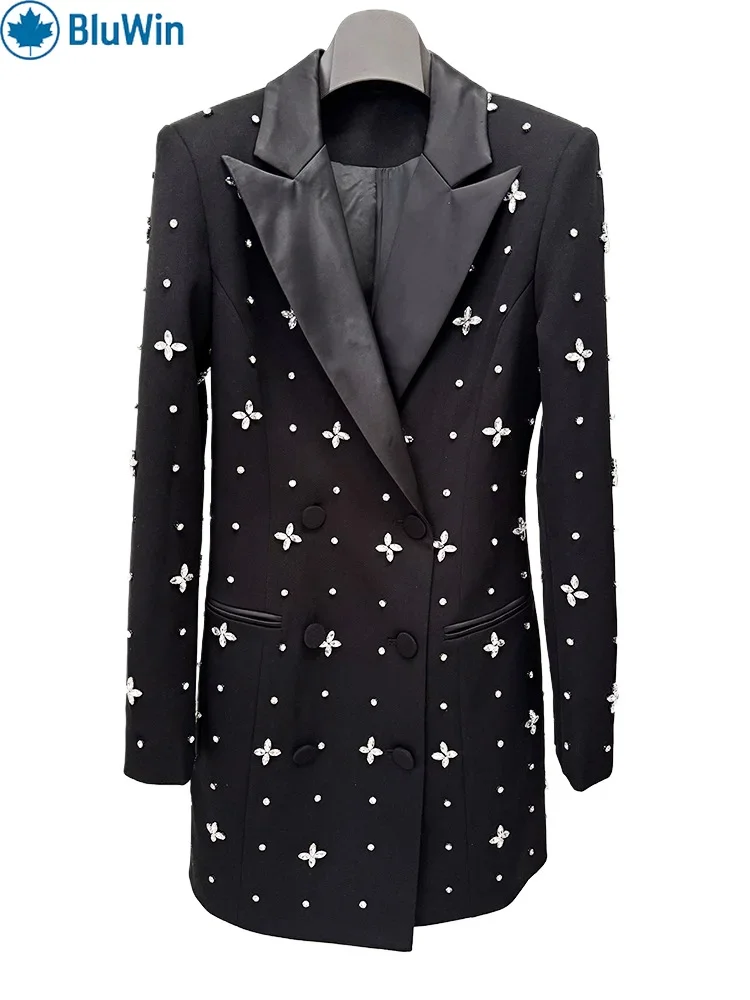 

BluWin Embellished Black Blazer – Crystal Flower Detailing and Double-Breasted Design for a Chic, Glamorous Look
