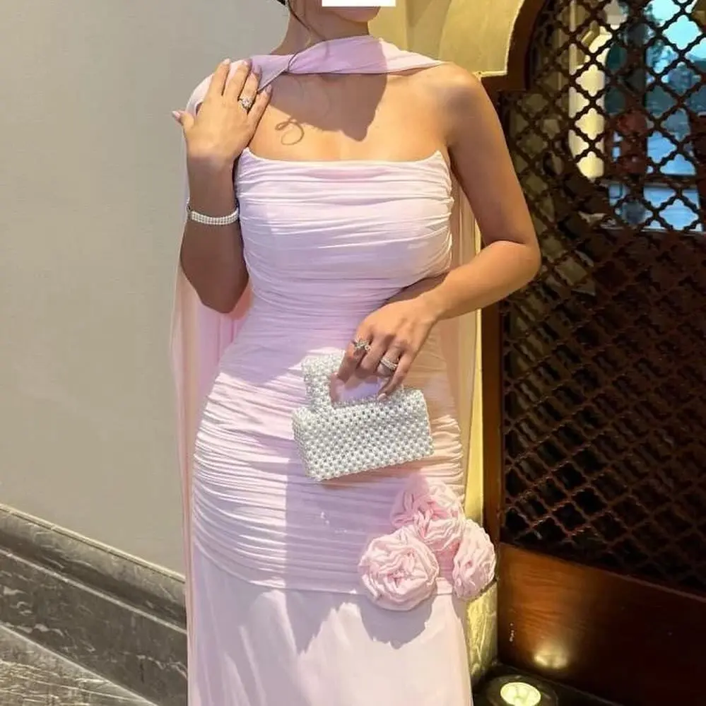

Welove Dubai Strapless Evening Dresses 3D Flower Chiffon Mermaid Abend Kleider Damen Elegant Pleated Formal Occasion Customized