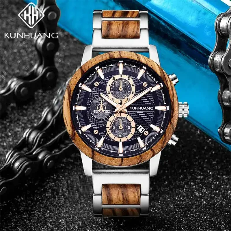 KUNHUANG Classic Retro Wood Watches Luxury Multi-function Wooden Men's Quartz Watch Fashion Sport Luminous Timepieces Wristwatch