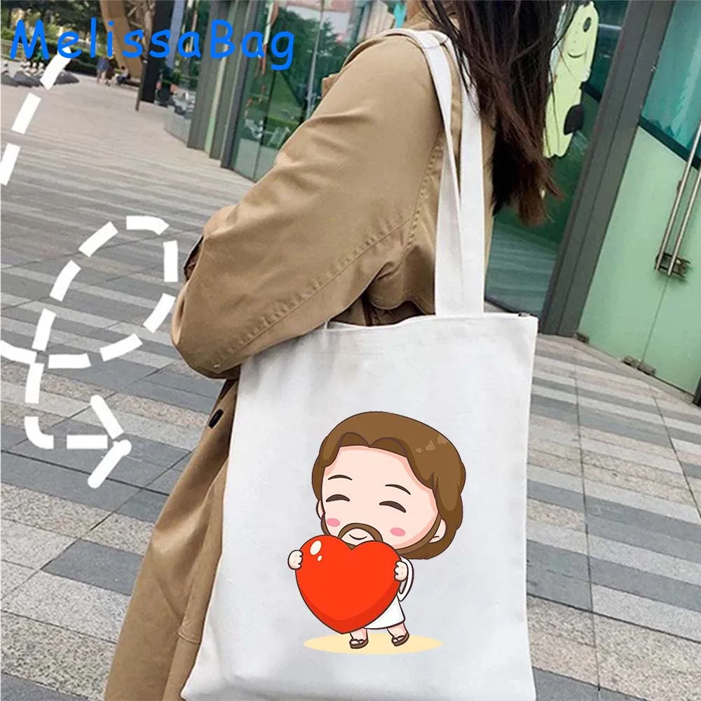 Cartoon Jesus Christus Blumen kreuz Liebe Glaube niedlichen christlichen Bibel Glauben Geschenke Leinwand Schulter Einkaufstasche Harajuku Shopper Handtasche