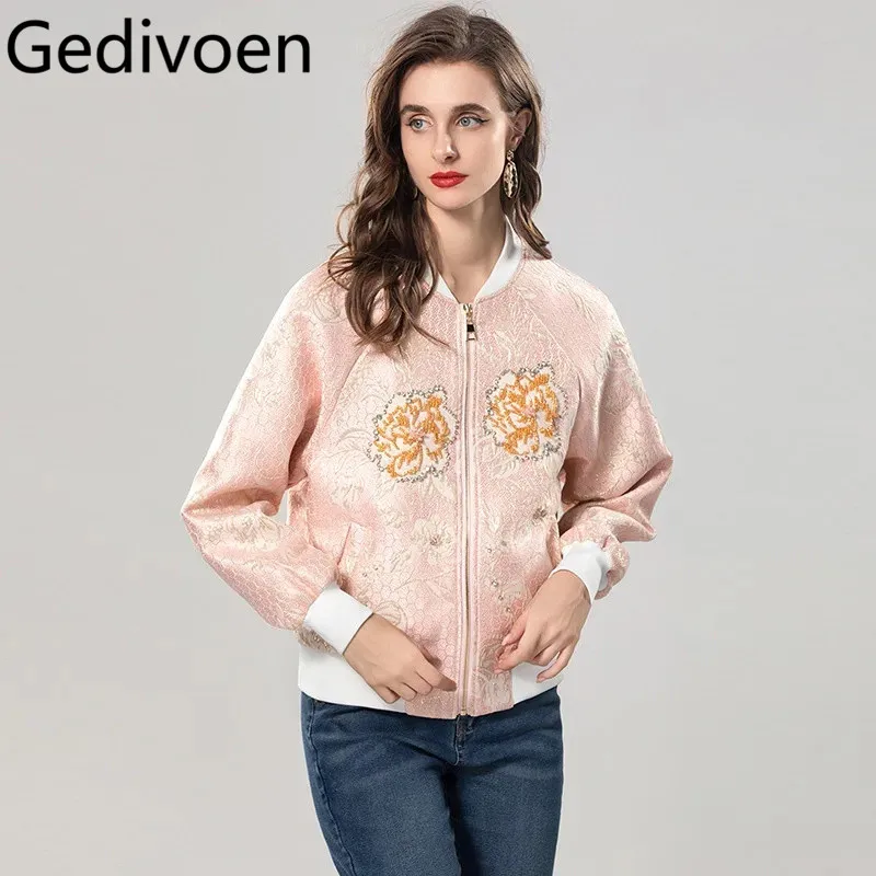 Gedivoen Herfst en Winter Nieuwe stijl damesjas Kralen Kristal ontwerp Zak Lange mouwen Roze Jacquard Korte Overjas