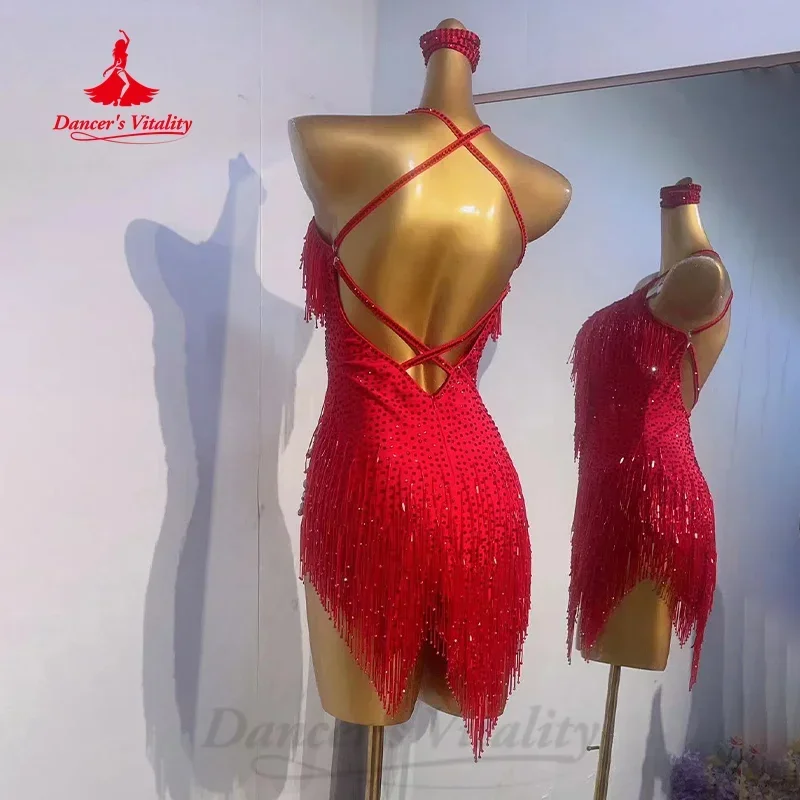 Latin Dance Full Diamond Tassel Competition Dress for Adults Children Customized Tango Samba Professional Performance Costume