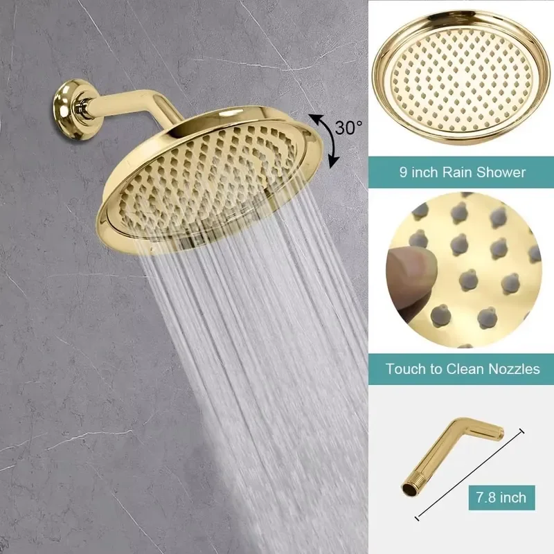 Antique Shower Faucet Sets Complete 9 Inch Vintage Rain Head with Handheld Spray, Wall Mounted Rainfall Shower System, Gold