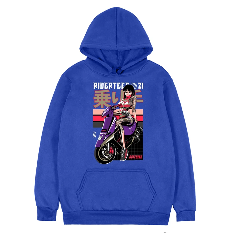 Japão uma mulher piloto em movimento motocicleta hip-hop único hoodies popular confortável letras pulôver novidade bonito estilo casal