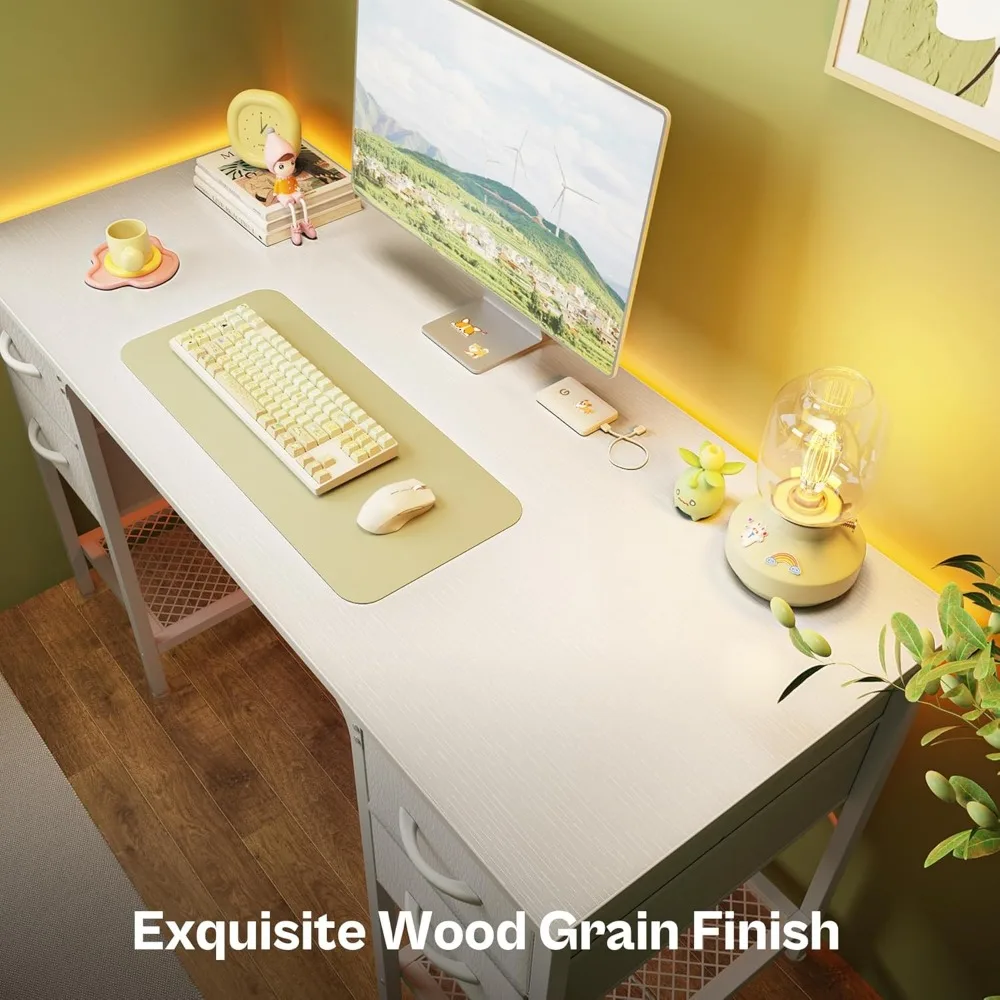 مكتب أبيض كبير مقاس 47 بوصة مع 4 أدراج، وطاولة دراسة ذات رف شبكي، ومكتب كمبيوتر منزلي مع مساحة تخزين كبيرة #6