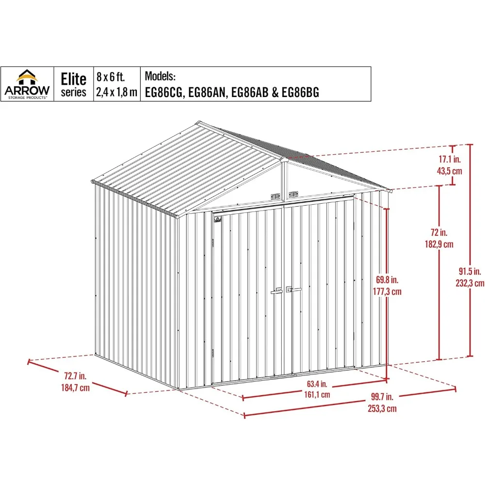 منازل جاهزة مقاس 8 × 6 بوصة سقيفة تخزين فولاذية خارجية طويلة مع كابل عالي وبأبواب قابلة للقفل #2