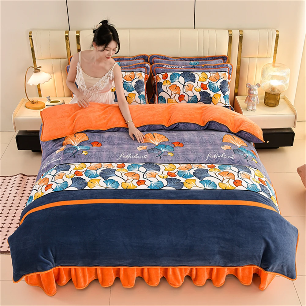 Light Luxury Printed Milk Fleece Four-Piece Sets Quilt Cover Pillowcase Bed Sheet Winter Thickened Soft Duvet Cover Bedding Set