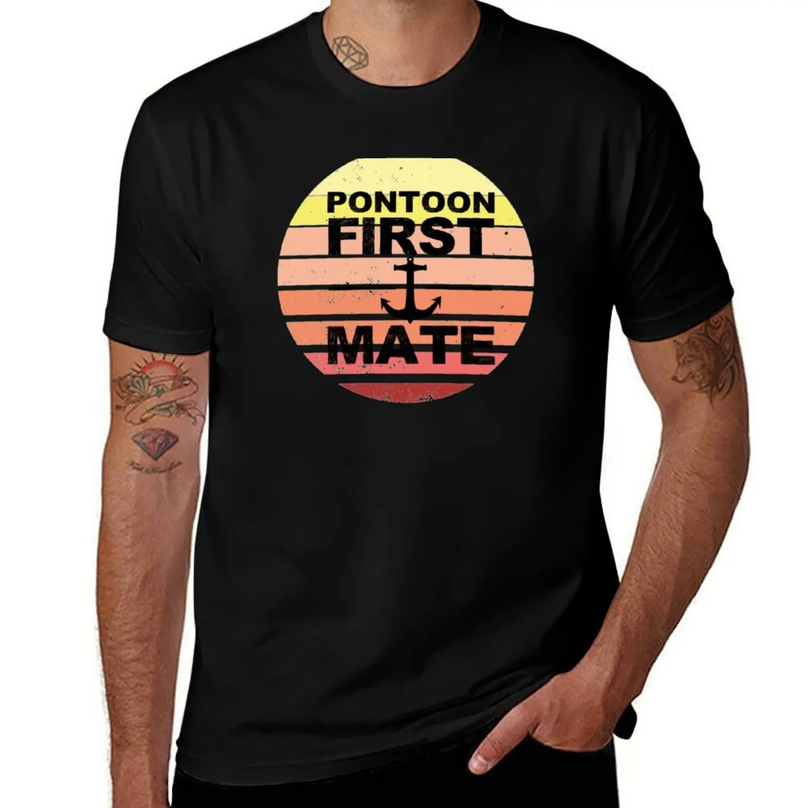 Pontoon First Mate Pontooning Boating Boat River Life Vintage Sunset T-Shirt Simple Casual Short Sleeve Cotton T-Shirt
