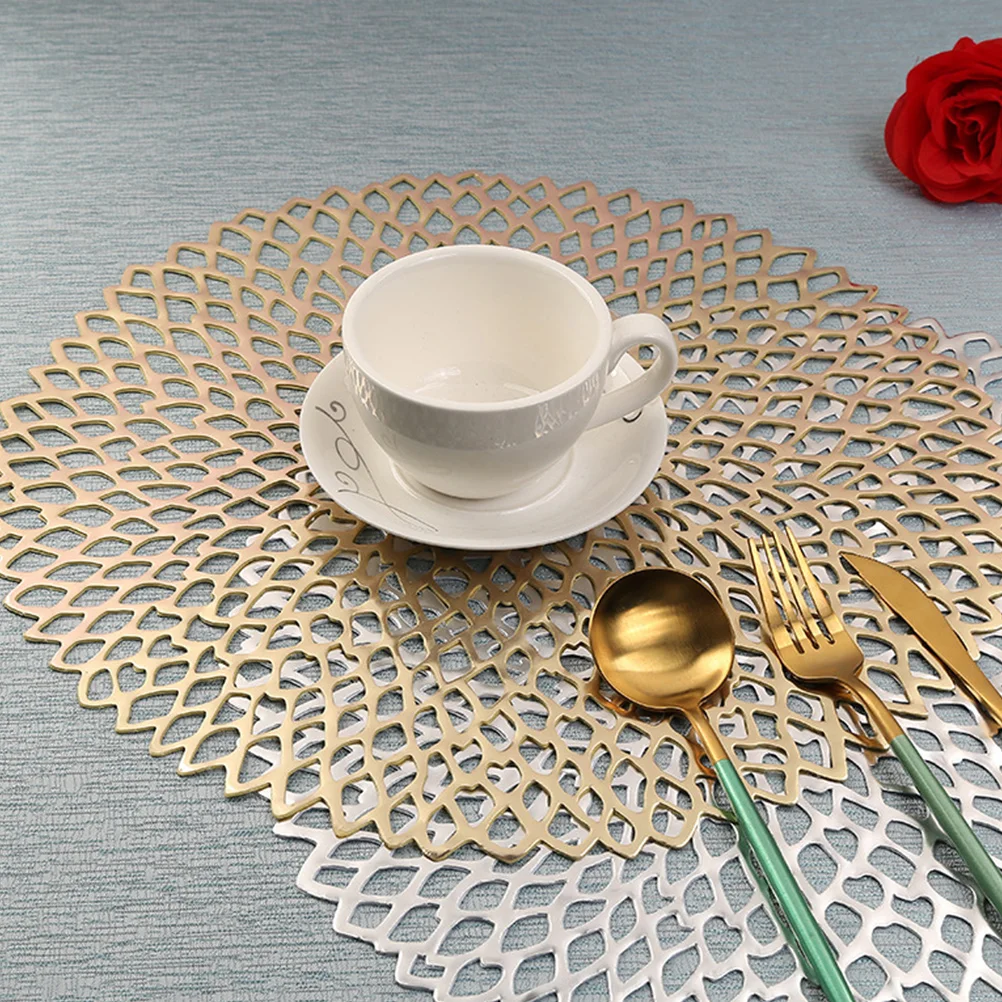 2 pezzi di cuscinetti da tavolo antiscottatura in rete scavata in PVC dorato con isolamento termico, cucina rotonda, sala da pranzo, pratica durata