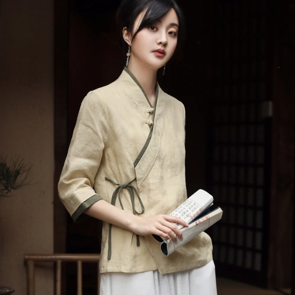 

2023 Summer Retro Chinese Style Linen Qipao Zen Tea Clothing Cheongsam Top Hanfu Shirts Blouse Oriental Fashion Tang Jackets