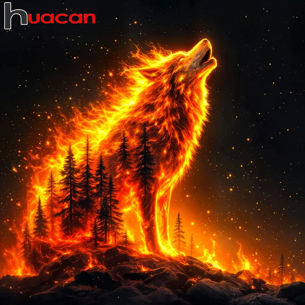 لوحة التطريز بالألماس – ذئب النار في الغابة product image