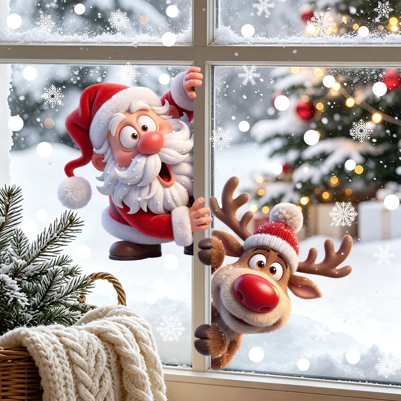 Santa Reindeer Christmas Wreath Window Cling, Double-Sided Static Removable Decal for Home Kitchen Glass Holiday Decor
