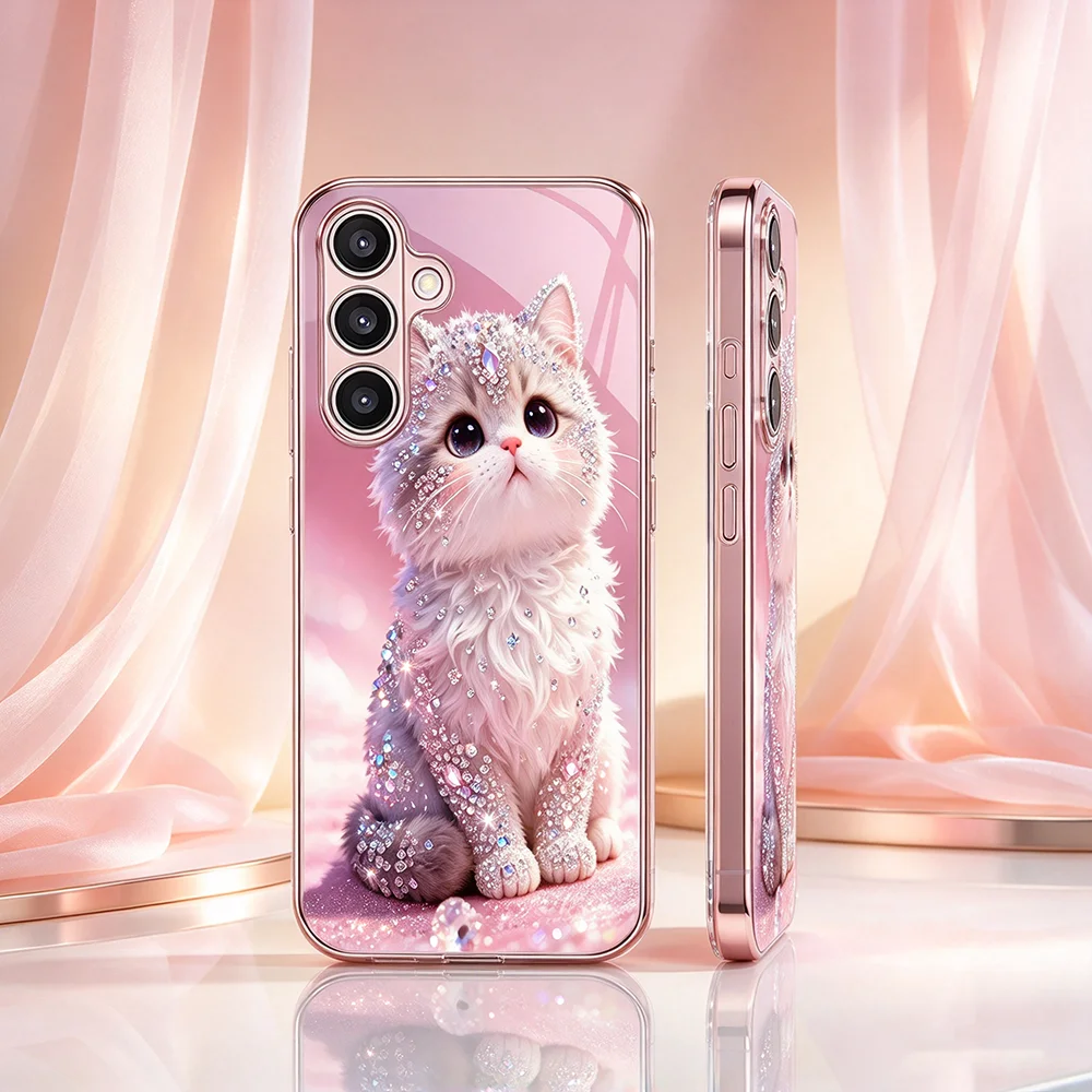 Phone case Cute Pink Gemstone Cat s26 ultra case s25 ultra Glass phone case for Samsung Galaxy s26/s25/s24/s23/s22 Ultra FE Plus