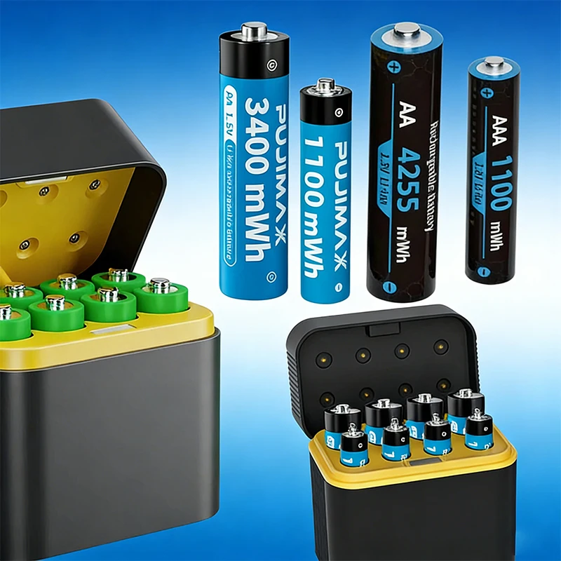1.5V AA AAA Battery with Smart Charger 8 Slots 4255mWh/3400mWh Rechargeable Lithium Batteries Fast Charging Battery Charger Set