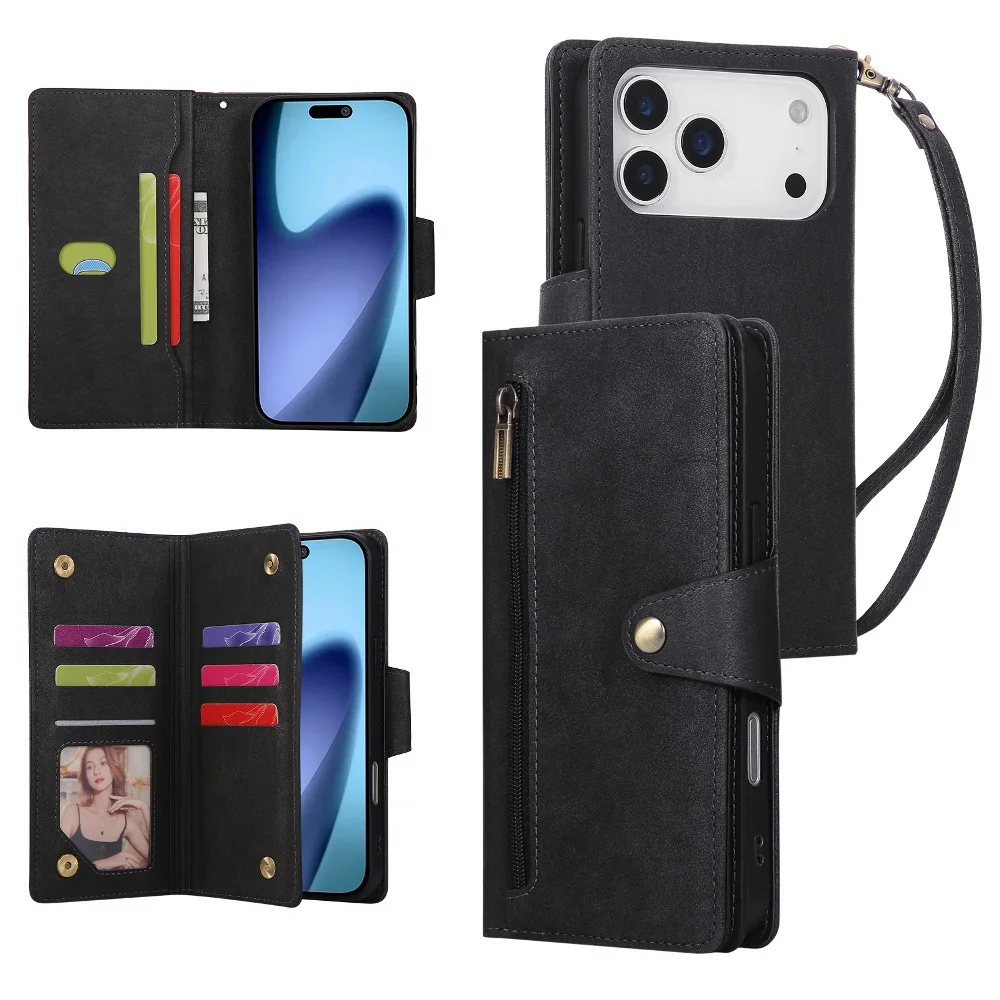 

Retro Leather Wristband Flip Cover for iPhone Air 17 16 15 14 13 12 11 Pro Max 7 8 Plus Xs Max XR with Built-in Wallet Card Case