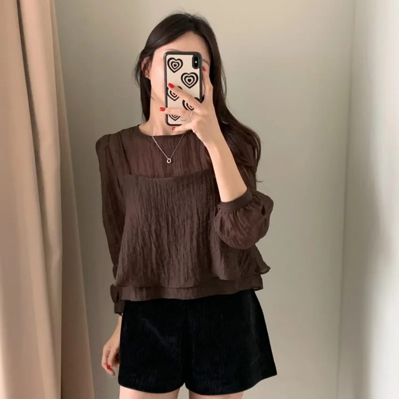 2024 Woman Shirts & Blouses Elegant Temperament Ropa Mujer Long Sleeve Blusas O-neck Camisas Fashion New Blusa with Camis