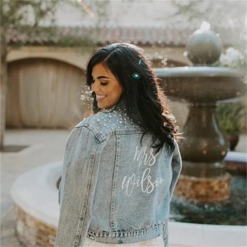 Personalized Bride jean jacket with pearls Mrs Denim Jacket Custom Jean Jacket Bridal gift Wedding/Bride Party Beidesmaid Gift