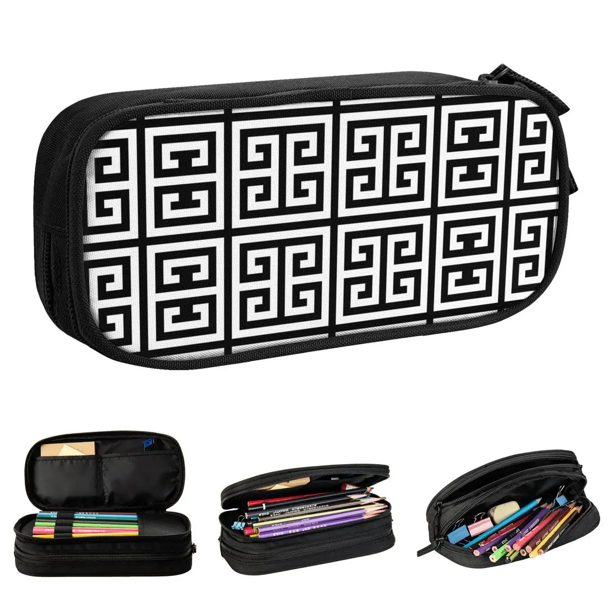 Greek Key Black And White Trendy Pencil Cases Fashion Pen Holder Bag for Student Big Capacity Students School Gifts Pencilcases