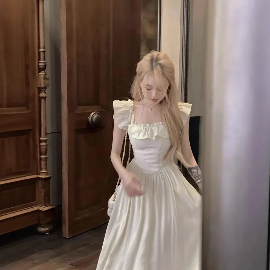 Robe gelatinuse pêche, nouvelle mode d'été, Style français, col carré, cintrée à la taille, jupe longue Slim, vêtements pour femmes