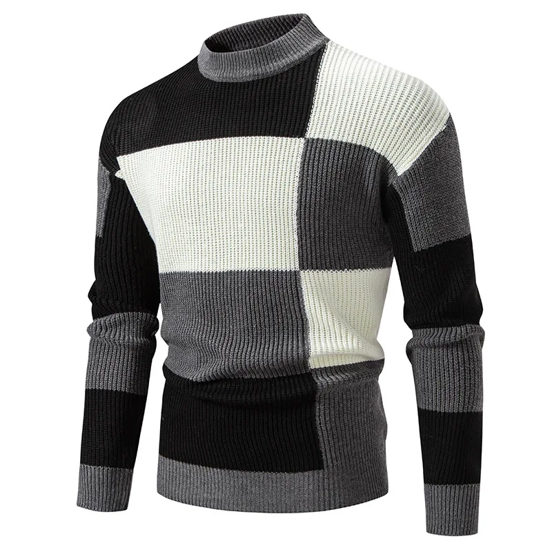 

Men Slim Fit Sweaters Autumn Winter Fashion Patchwork Color Knitted Pullovers Vintage Male Mock Neck Knitwear Casual Warm Tops