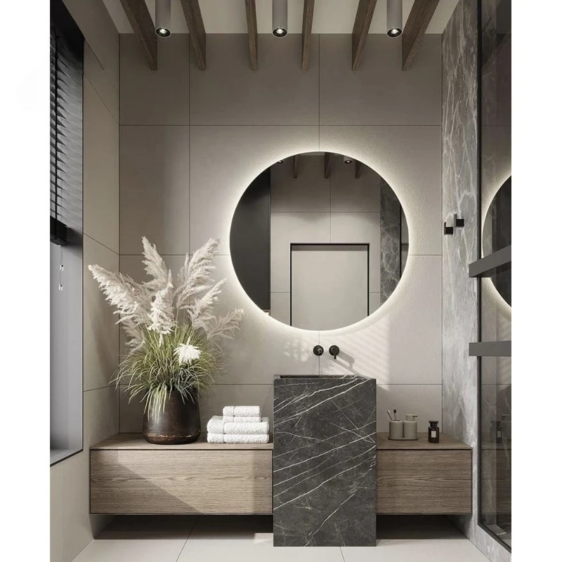 Modern Design Water Resistant Pedestal Basin Sintered Stone Sink Customized Bathroom Vanity LED Mirror for Villa Use