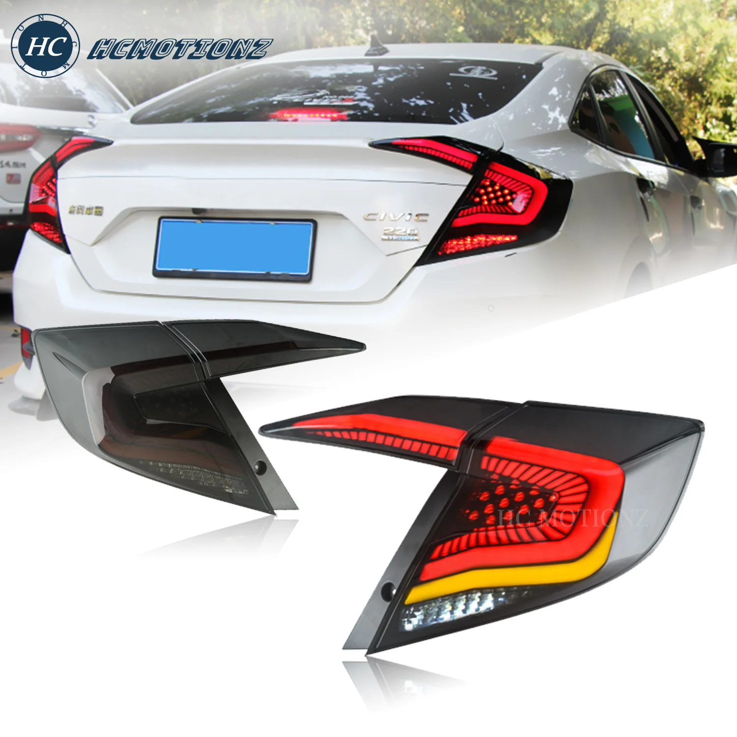 

HCMOTIONZ Car Accessories For Honda Civic 2016-2021 LED Tail Lights Assembly Rear Lamp DRL Start Up Animation