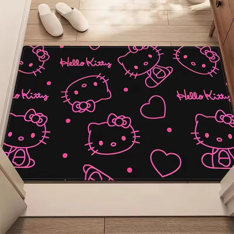 Sanrio Cute Hello Kitty Doormat Pink Line Cartoon Heart Print Non Slip Entrance Door Mat for Bedroom Entryway