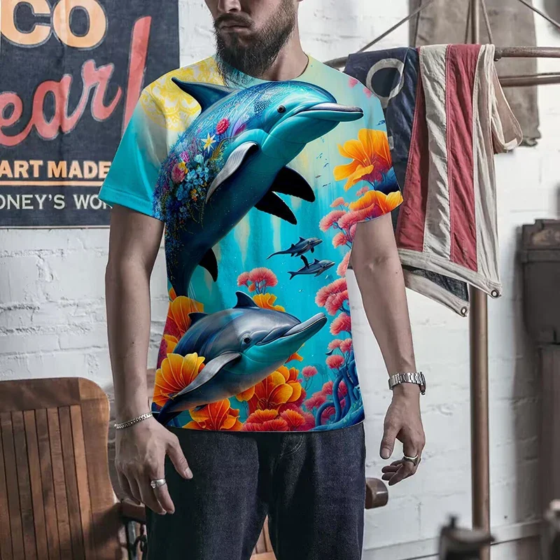 

Men's 3D ocean dolphin printed short sleeved T-shirt, street clothing, oversized top, round neck, casual and fashionable