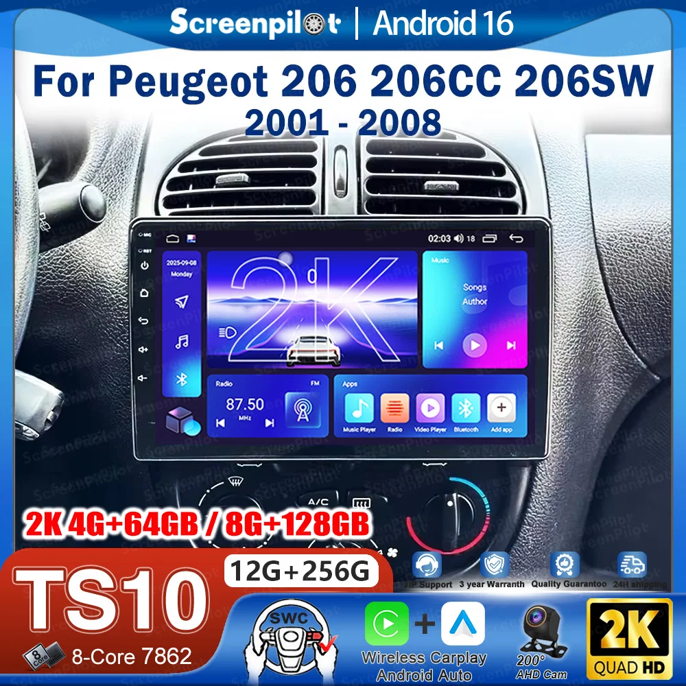 Radio de Coche Android 16 para Peugeot 206 206CC 206SW 2001 - 2008, Unidad Principal Estéreo, CarPlay, Radio de Coche, Pantalla Táctil, Wifi, 8 Núcleos, Táctil