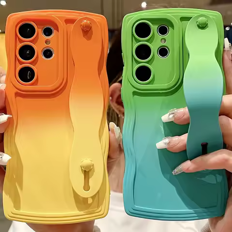 Gradient Curly Wave Wrist Strap Case For Samsung Galaxy S24 Ultra S23 S21 S20 FE S22 Plus + Note 20 A55 A535 A25 A15 5G A05s A05