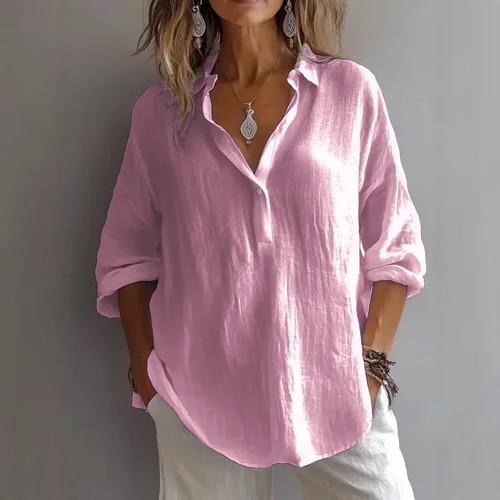 Imagen 2 del producto VEITCHE Primavera Verano moda mujer camisa cuello vuelto encaje hasta blusas sueltas mujer Casual moda color sólido Top suelto