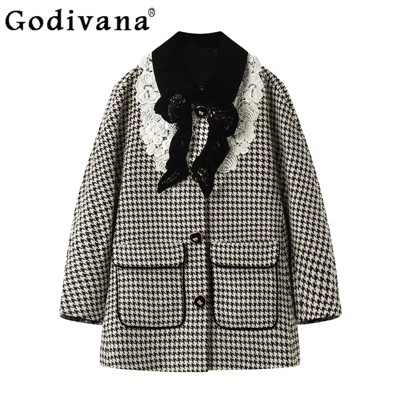 

2025 Autumn New Korean Style High-End Light Luxury Wool Coat Vintage Beaded Lace Bow Houndstooth Wool Coat for Women