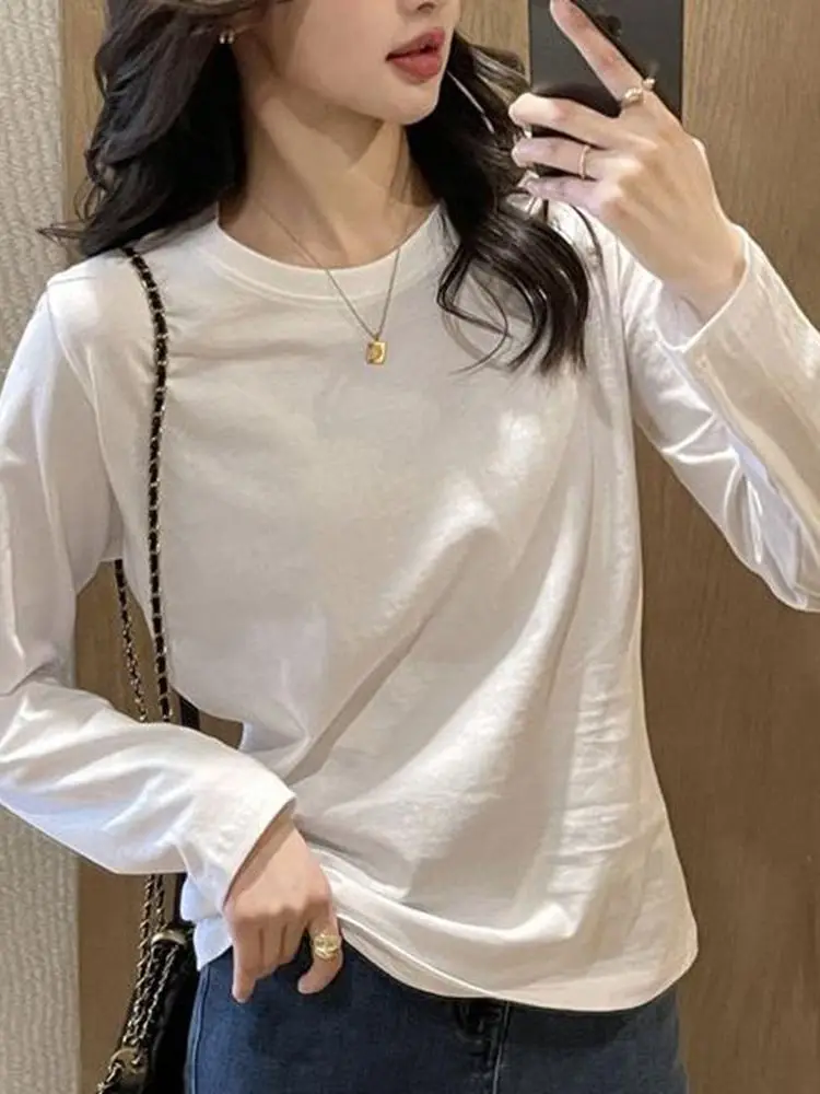 

Корейская базовая однотонная футболка с длинным рукавом для женщин, новинка ранней весны, свободный крой, универсальный топ с круглым вырезом для ношения под одеждой