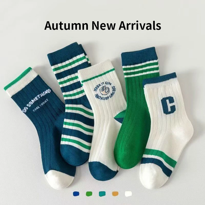 

5 пар полосатых детских сетчатых носков с надписью для мальчиков, лаконичные повседневные мягкие дышащие уютные эластичные спортивные носки для впитывания пот для мальчиков