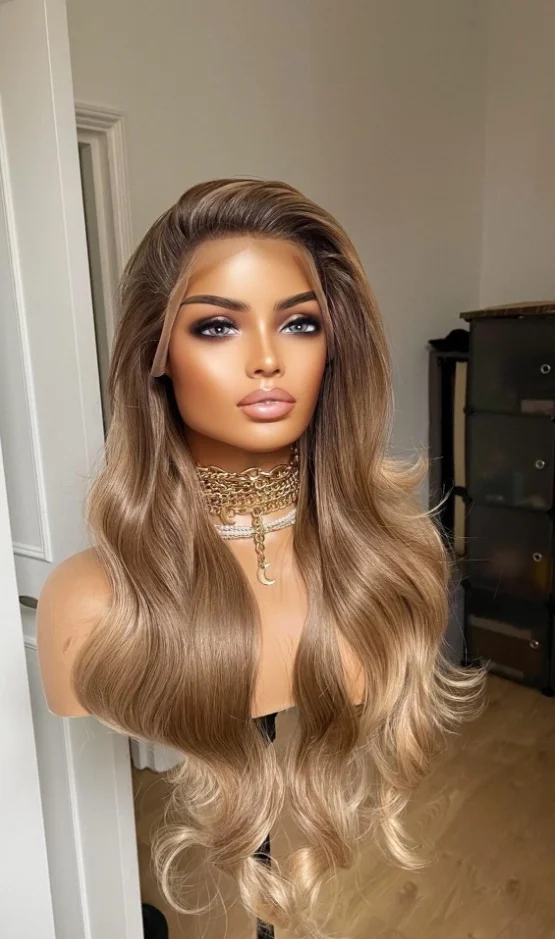 Peluca con malla frontal sintética ondulada para mujer, pelo largo rubio miel con reflejos, pelucas superiores de encaje, Cosplay de Futura, uso diario en liquidación