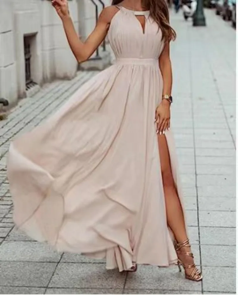 

2024 Simple Solid Chiffon Homecoming Dress Chic Back Deigned Bridal Dresses for Women Summer O-neck Elegant Vestidos Mujer